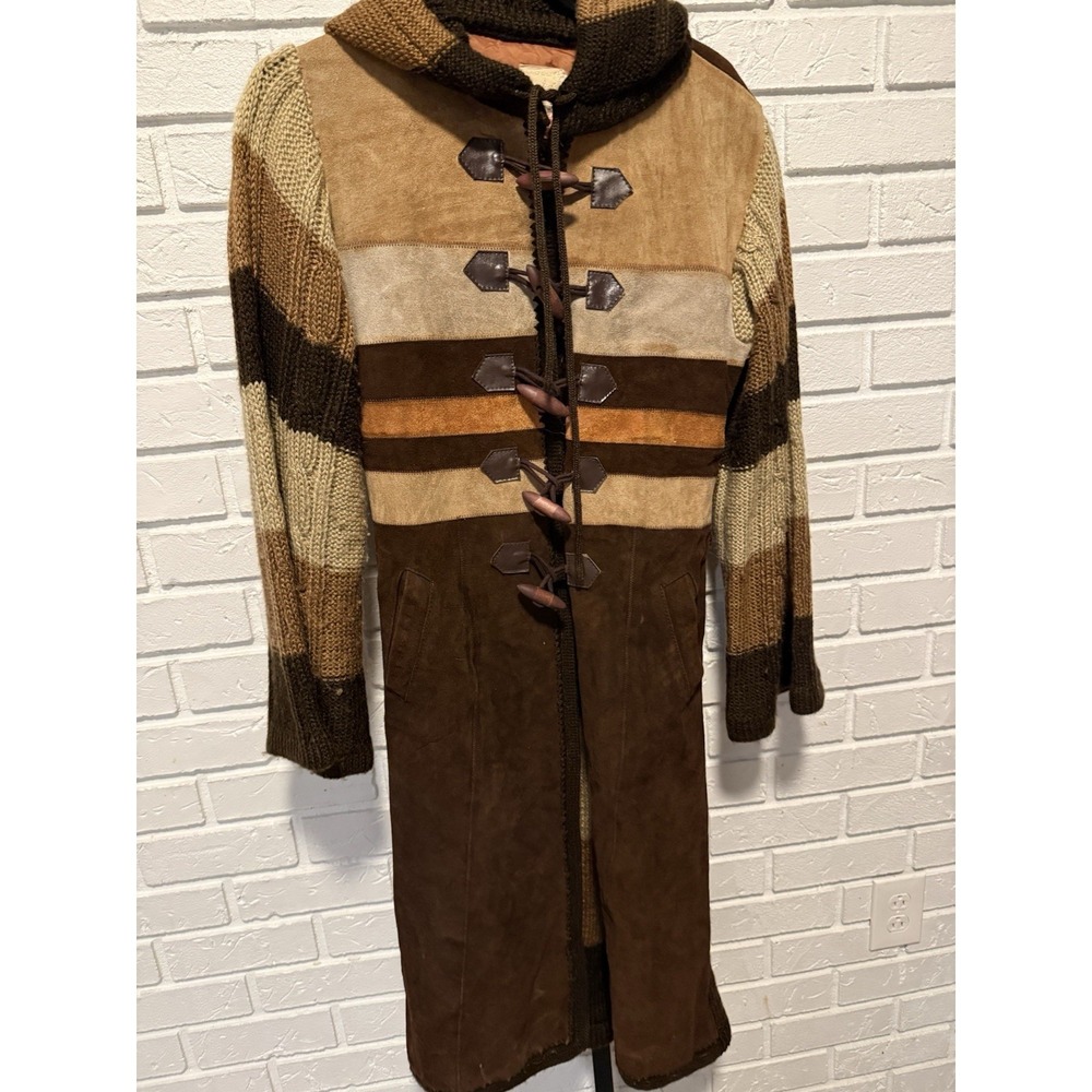 Vintage 1970s‎ Edelstein Imports Suede Patchwork Hooded Coat Boho Folk Festival - Picture 4 of 9